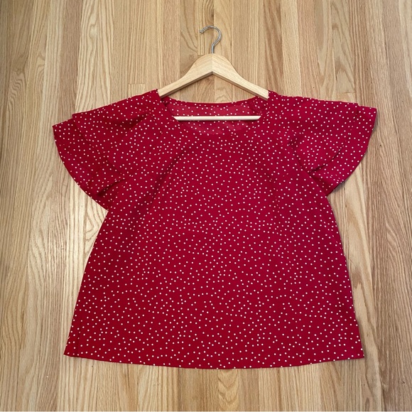 White and Red Polkadot Blouse Flowy Ruffle Large - Picture 3 of 6